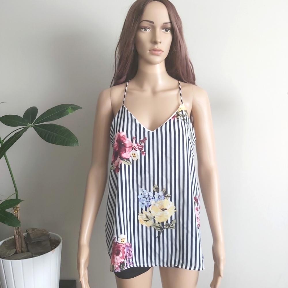 NWT Style Rack vertical stripes navy blue white floral top racerback